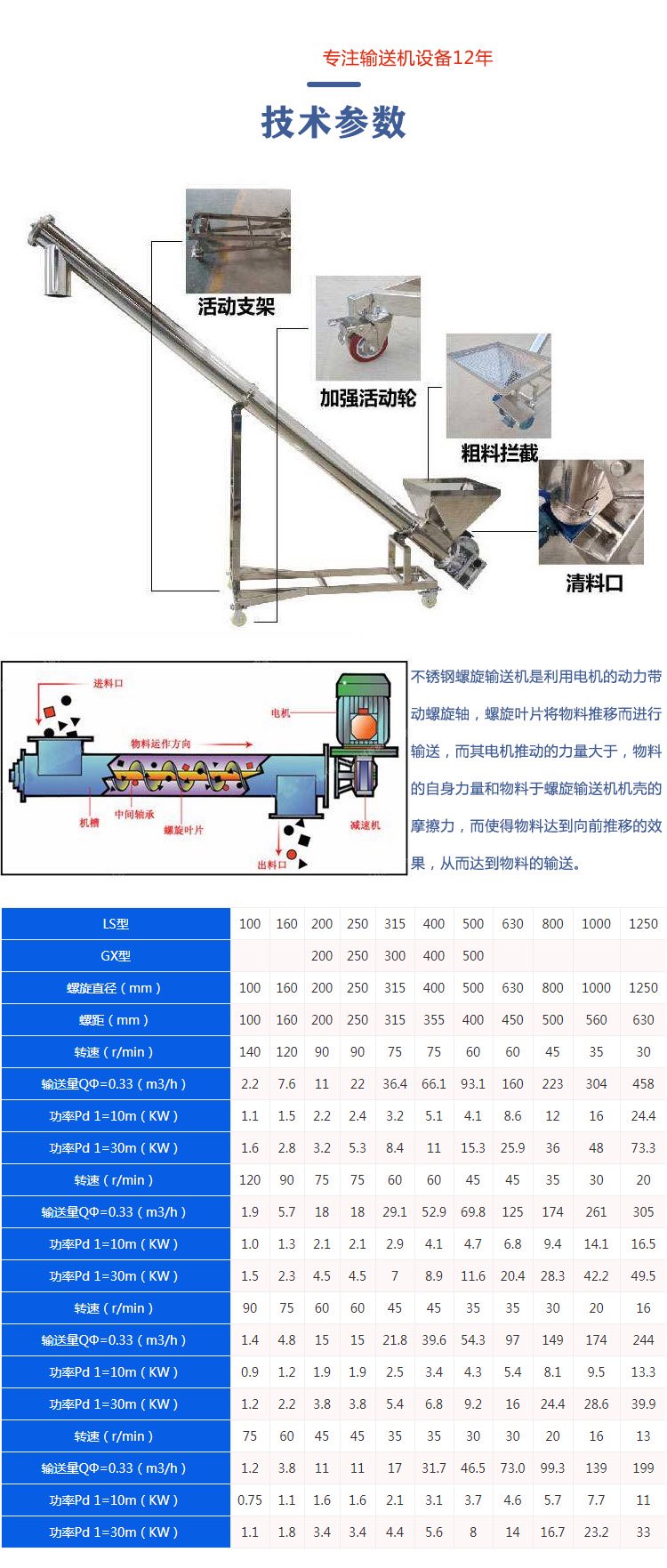 不銹鋼螺旋輸送機技術(shù)參數